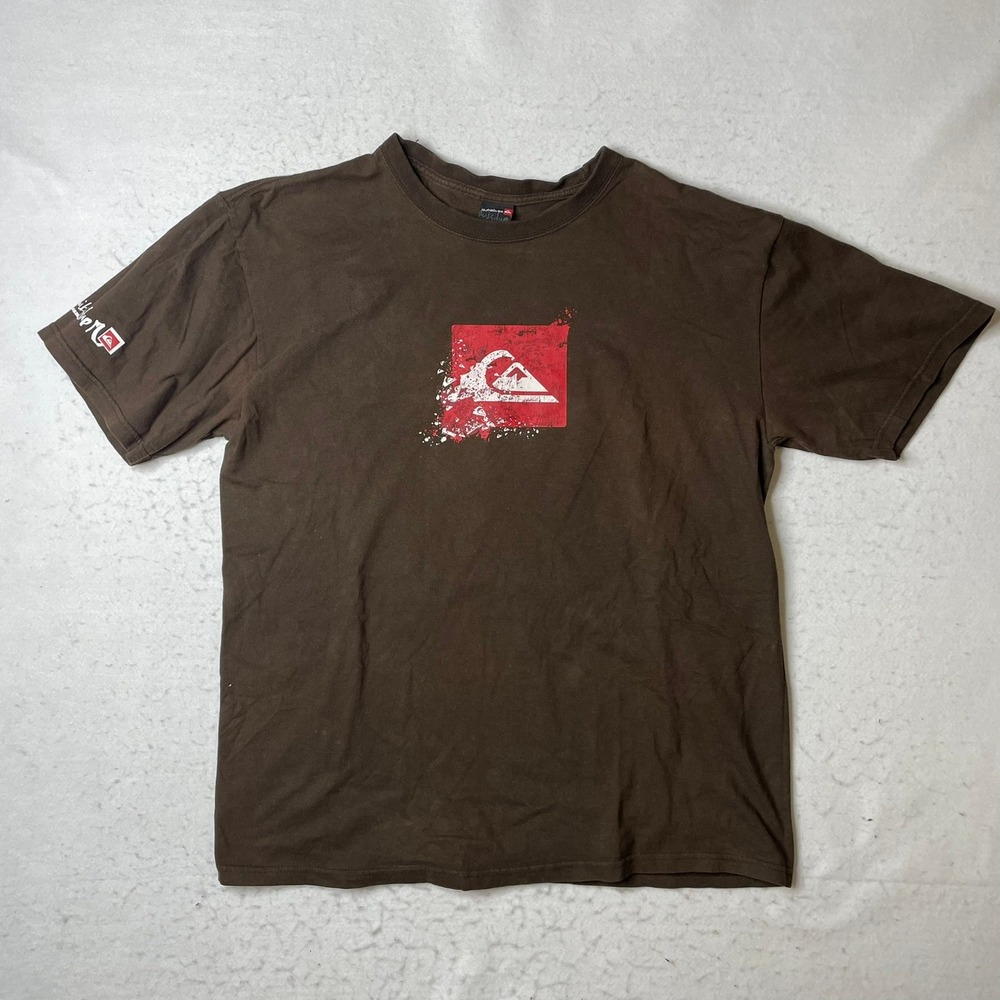Quiksilver Brown T Shirt Mens Size L Surf Skate Logo Graphic Tee Y2K‎